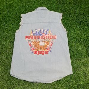 Vintage 2003 Americade Lake George NY Cutoff Denim Button Shirt Medium 22x30